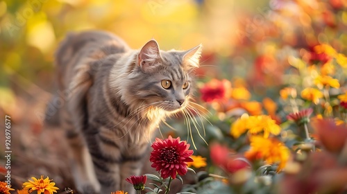 The pet owner takes cat to park for sight in spring with nice chrysanthemum