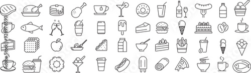 ベクターでモノクロの食べ物と飲み物に関する線画アイコンセット