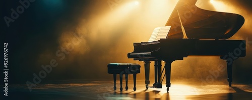 A grand piano on stage with a spotlight shining on it.