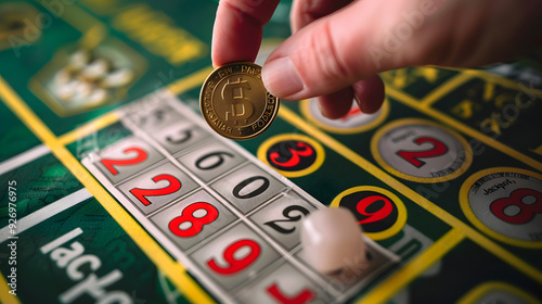 Close-up of a hand holding a gold coin over a blank red and yellow 