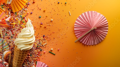 top view of ice cream cone and strewed sprinkles decorated cigars and fans poured on yellow and orange background photo