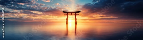 Silhouette of a torii gate at sunset over a calm lake.