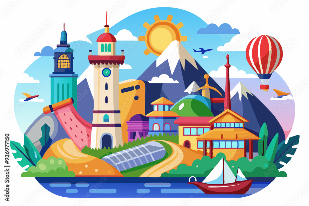 Fototapeta premium A vibrant cityscape with buildings, mountains, and a hot air balloon in the sky