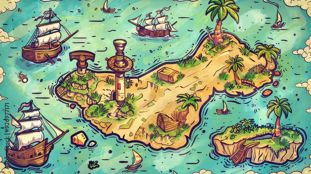 Fototapeta premium An illustrated map of an island with ships, palm trees, a lighthouse, and a treasure chest.