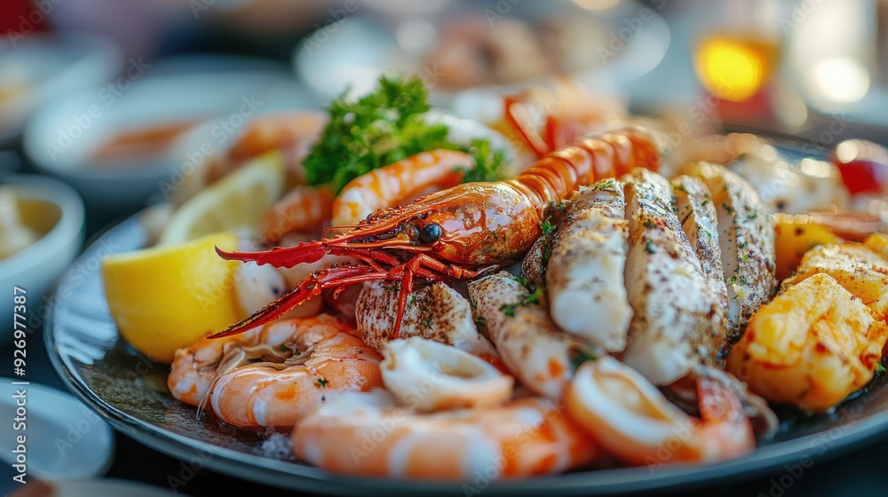 Detailed view of seafood plate: fish and fresh seafood for a restaurant Detailed view of seafood plate: fish and fresh seafood for a restaurant