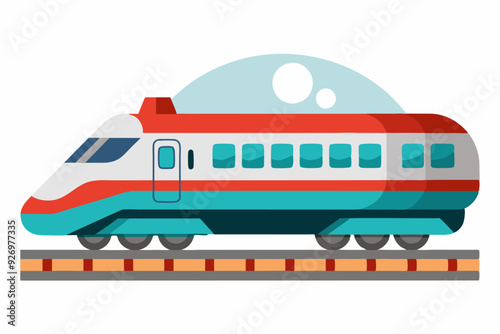 A red, white, and blue passenger train on tracks