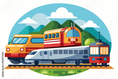Three Trains on a Track with a Mountainous Background
