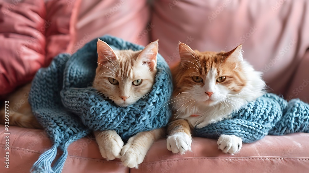 Two cats in love are tied with a blue knitted scarf on a pink sofa at home Two cats in love are tied with a blue knitted scarf on a pink sofa at home