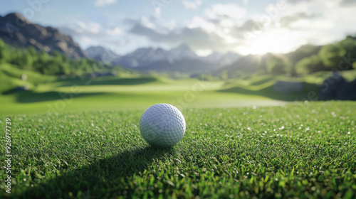 The golf ball is on a green lawn in a beautiful golf course with morning sunshine.