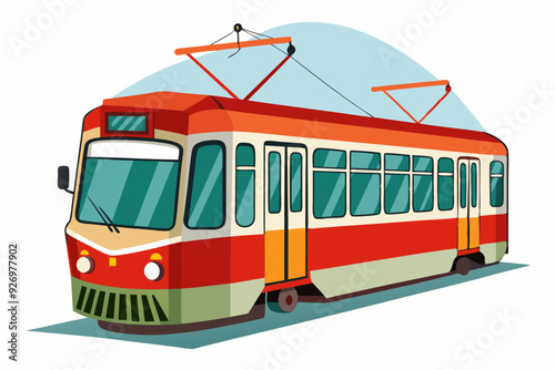 Red and Yellow Cartoon Tram with Overhead Wires