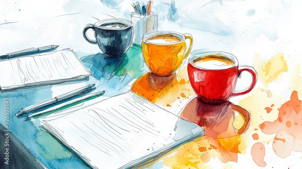Watercolor depiction of a relaxed meeting with coffee and notepads on the table. Watercolor depiction of a relaxed meeting with coffee and notepads on the table.