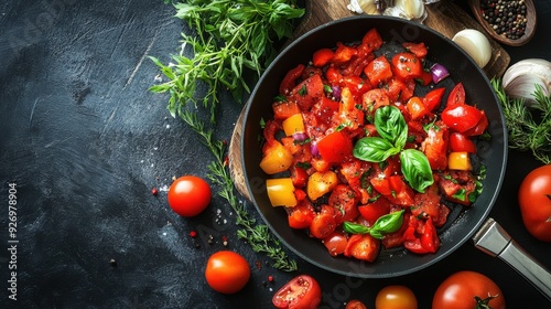 Fresh ingredients sizzling in a pan for healthy cooking photo