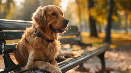 seekor anjing duduk di bangku taman photo