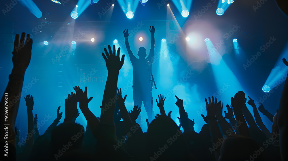Obraz premium The artist stands on the stage and raises his hands up, people cheer him with their arms raised in front of them