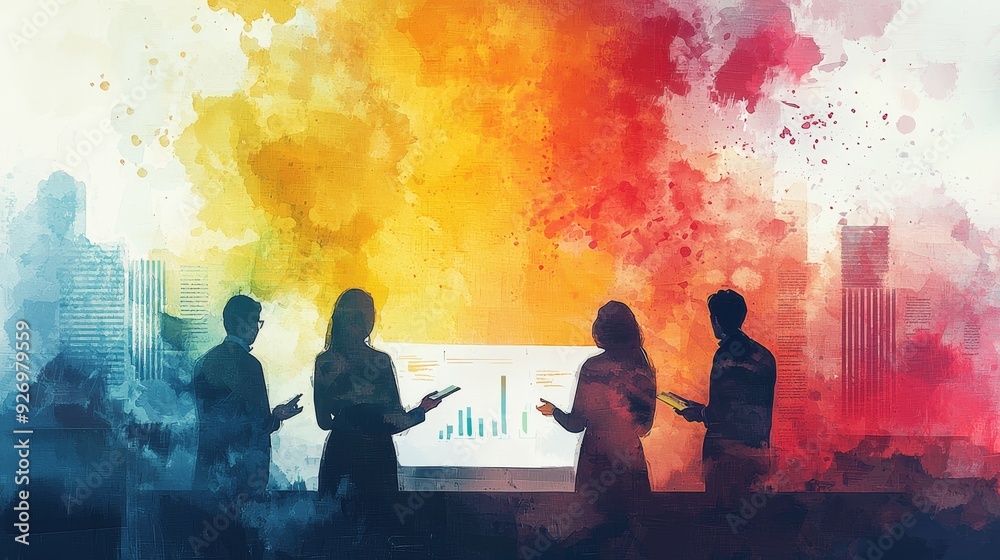 Watercolor silhouettes of team members presenting ideas on a whiteboard. Watercolor silhouettes of team members presenting ideas on a whiteboard.