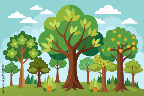 A vibrant illustration of a forest with multiple trees and a blue sky.