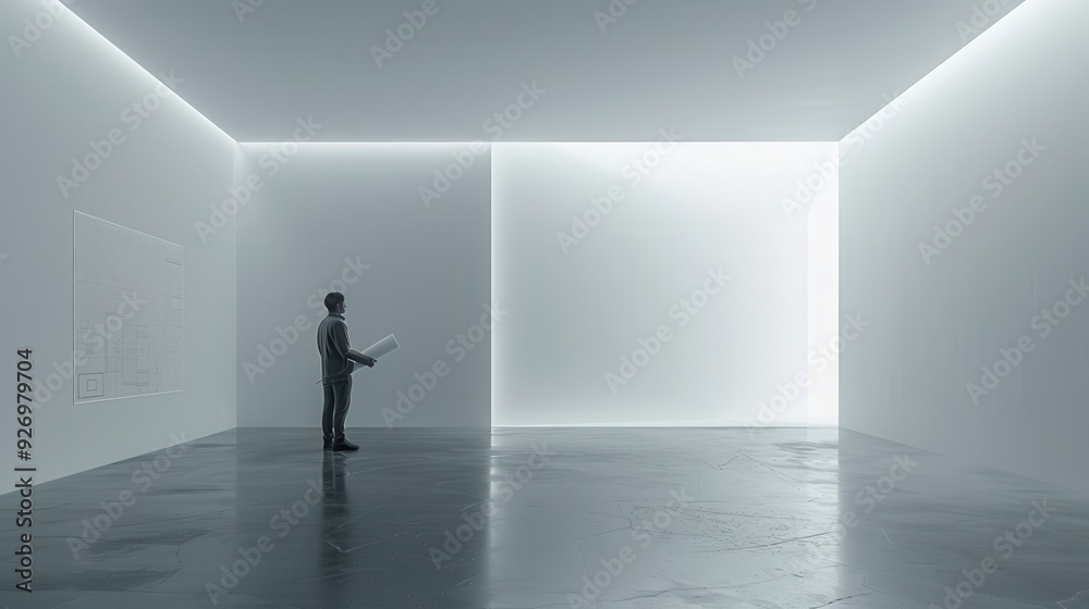 Architect Engineer with Blueprint in Empty White Room - Copy Space on Right Side Architect Engineer with Blueprint in Empty White Room - Copy Space on Right Side