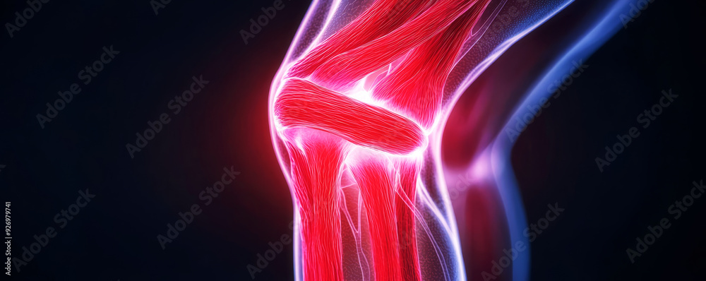 Glowing red tendons in a knee, depicting pain, physiotherapy focus, intricate anatomy, dark contrast, soft ambient light Glowing red tendons in a knee, depicting pain, physiotherapy focus, intricate anatomy, dark contrast, soft ambient light