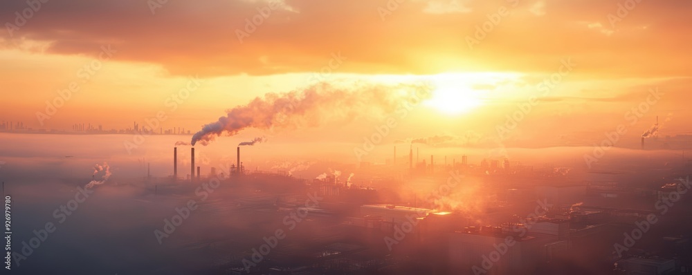 Sunrise over industrial cityscape with smoke from chimneys. Sunrise over industrial cityscape with smoke from chimneys.