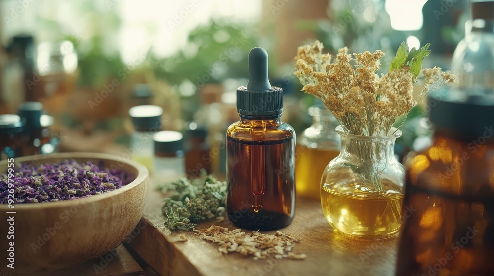 Herbal medicine setup with tinctures and dried herbs, close-up focus Herbal medicine setup with tinctures and dried herbs, close-up focus