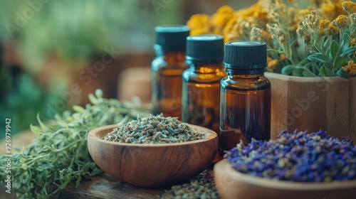 Herbal medicine setup with tinctures and dried herbs, close-up focus photo