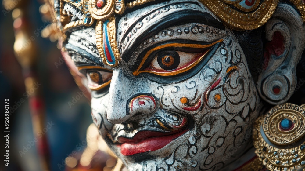 A close-up of an intricately designed Ravana effigy, ready for the Dussehra celebrations, highlighting the artistry and cultural significance of the festival. A close-up of an intricately designed Ravana effigy, ready for the Dussehra celebrations, highlighting the artistry and cultural significance of the festival.