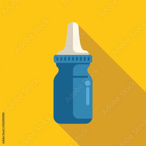 Blue baby bottle with white nipple for feeding formula or expressed breast milk to a newborn baby, flat design icon with long shadow on yellow background