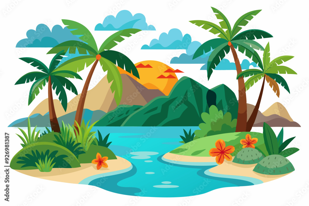 Obraz premium Tropical Island Sunset Landscape with Palm Trees and River