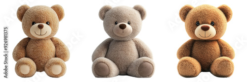 Three cute teddy bears with different fur colors isolated on transparent background