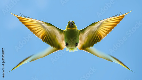 Underside closeup of kākāriki parakeet nz bird flying photo symmetrical sky photo