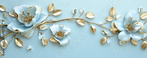 A blue background with golden flowers and leaves, blue white gold color combination in golden flowers and leaves. photo