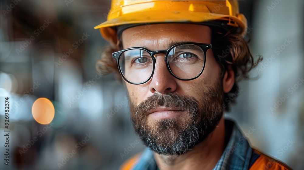 Professional Engineer in Hard Hat and Safety Glasses on White Background for Copy Space.
