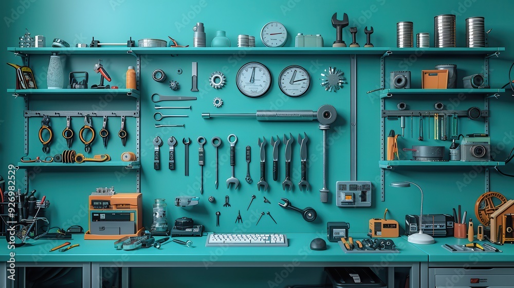 Essential Tools at Technicians Workstation - Minimalist Setup for Professionals | Left Space for Text | Plain Background Essential Tools at Technicians Workstation - Minimalist Setup for Professionals | Left Space for Text | Plain Background