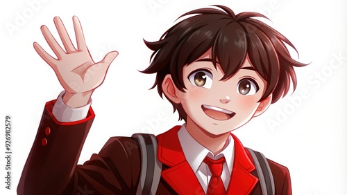 Smiling Anime Boy Waving With Red Tie photo