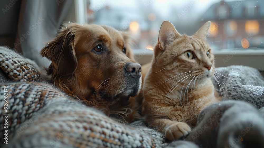 Harmony at Home - Dog and Cat Sitting Together on Couch by Window | Peaceful Coexistence with Space for Text Harmony at Home - Dog and Cat Sitting Together on Couch by Window | Peaceful Coexistence with Space for Text