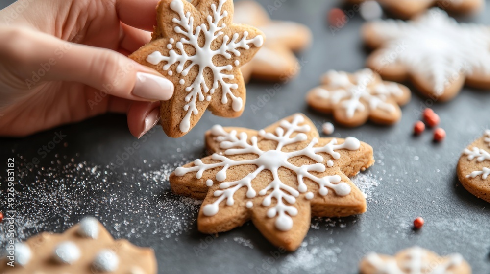 Hand Decorating Festive Snowflake Shaped Gingerbread Cookies with White Icing for Christmas Holiday Celebration Hand Decorating Festive Snowflake Shaped Gingerbread Cookies with White Icing for Christmas Holiday Celebration