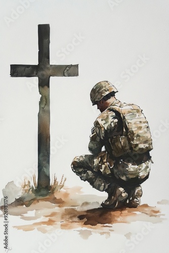 Watercolor art of soldier kneeling in front of cross