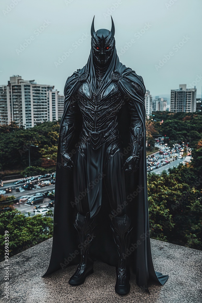 A person in a dark armored costume resembling a superhero stands on an urban rooftop overlooking the city. A person in a dark armored costume resembling a superhero stands on an urban rooftop overlooking the city.