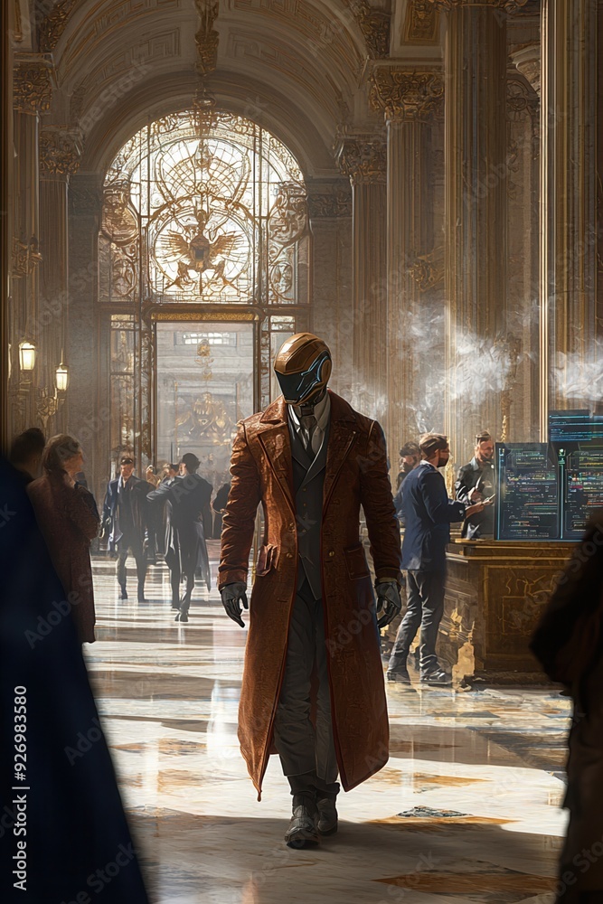 A mysterious figure wearing a long coat and mask walks through a bustling, grand hall with ornate architecture and ambient lighting. A mysterious figure wearing a long coat and mask walks through a bustling, grand hall with ornate architecture and ambient lighting.