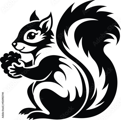 Squirrel eat fruitillustration black and white