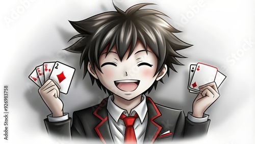 A Smiling Anime Boy Holding a Pair of Aces and a Full House photo