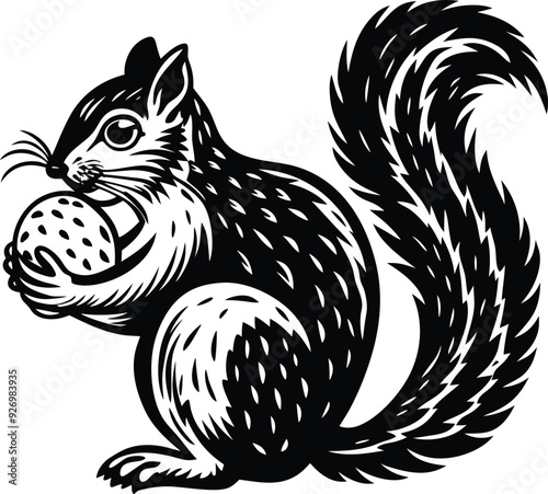 Squirrel eat fruitillustration black and white