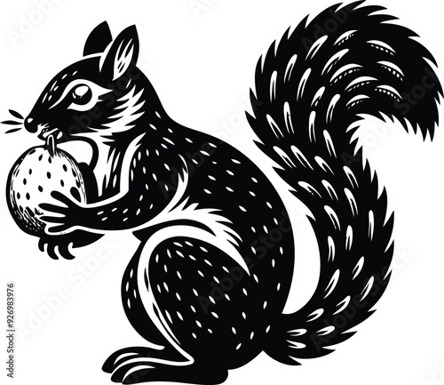Squirrel eat fruitillustration black and white