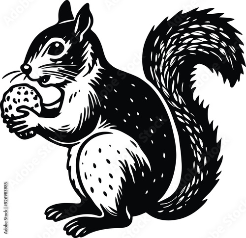 Squirrel eat fruitillustration black and white