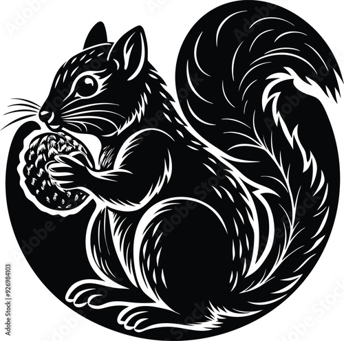 Squirrel eat fruitillustration black and white