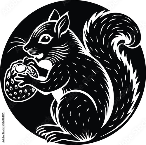 Squirrel eat fruitillustration black and white