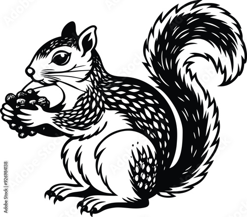 Squirrel eat fruitillustration black and white