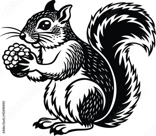 Squirrel eat fruitillustration black and white