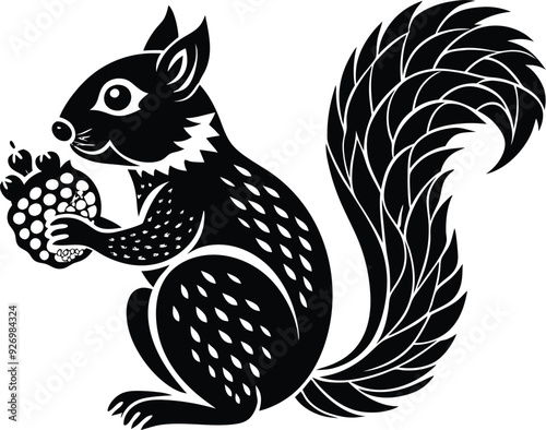 Squirrel eat fruitillustration black and white