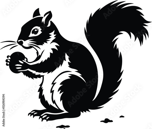 Squirrel eat fruitillustration black and white